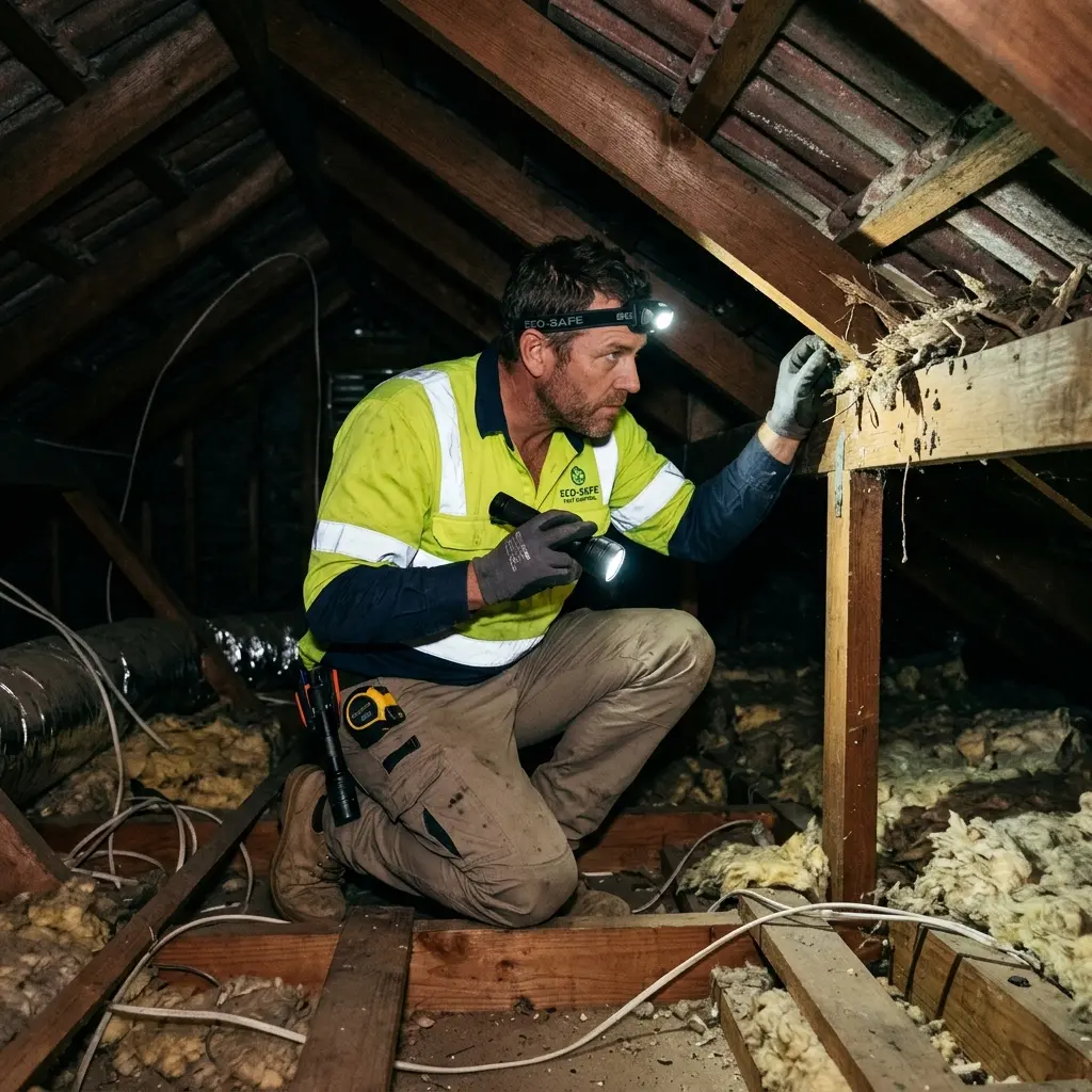 Technician inspecting a roof cavity for a dead animal in Aberfeldie